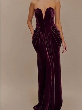 Meshki Strapless Velvet Gown in Plum